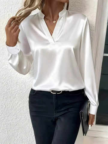 Notched Long Sleeve Blouse