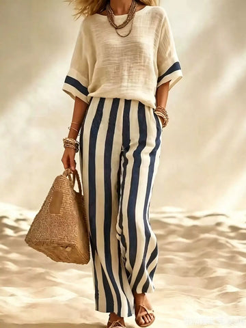 Full Size Striped Half Sleeve Top and Pants Set Plus Size