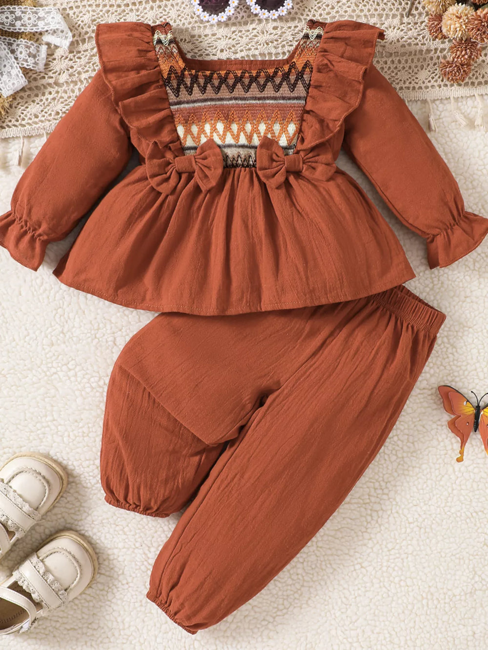 Children's Bow Long Sleeve Blouse and Pants Set