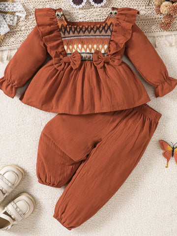 Children's Bow Long Sleeve Blouse and Pants Set