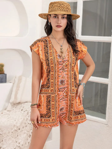 Printed V Neck Cap Sleeve Romper