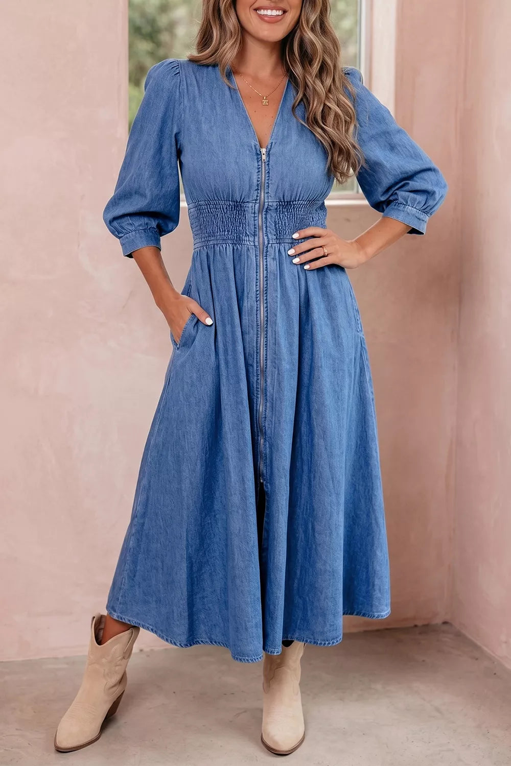 V Neck Shirred Waist Denim Midi Dress