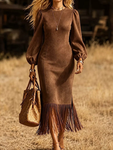 Fringe Hem Balloon Sleeve Midi Dress