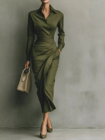 Long-Sleeve Wrap Midi Shirt Dress