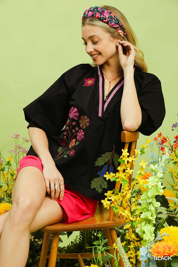 Umgee Embroidered Floral V Neck Blouse