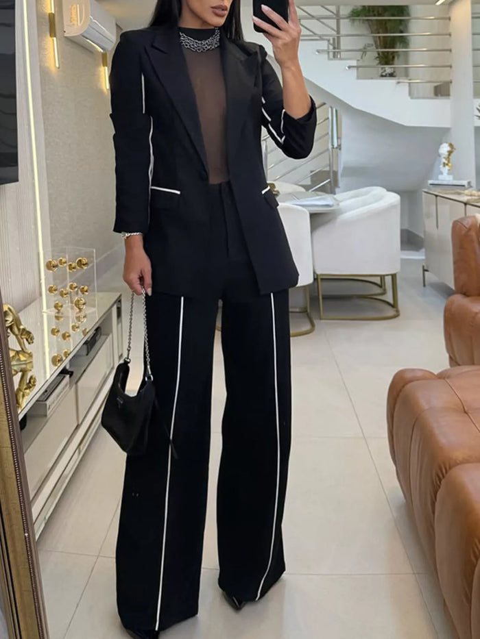 Contrast Trim Blazer & Wide Leg Pants Set