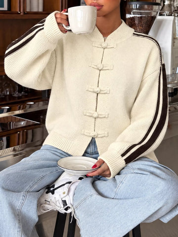 Chinese Knot Button Cardigan with Contrast Side Stripes