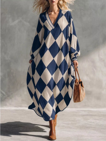 Argyle Pattern V-Neck Long Sleeve Dress