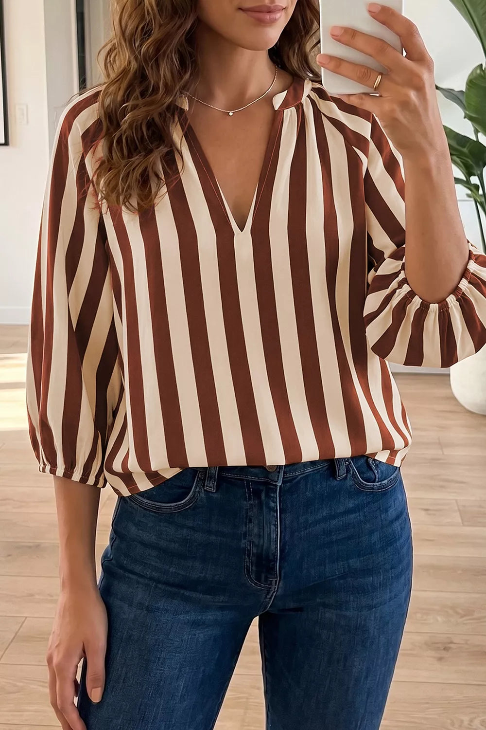 Striped Notched Half Sleeve Casual Blouse