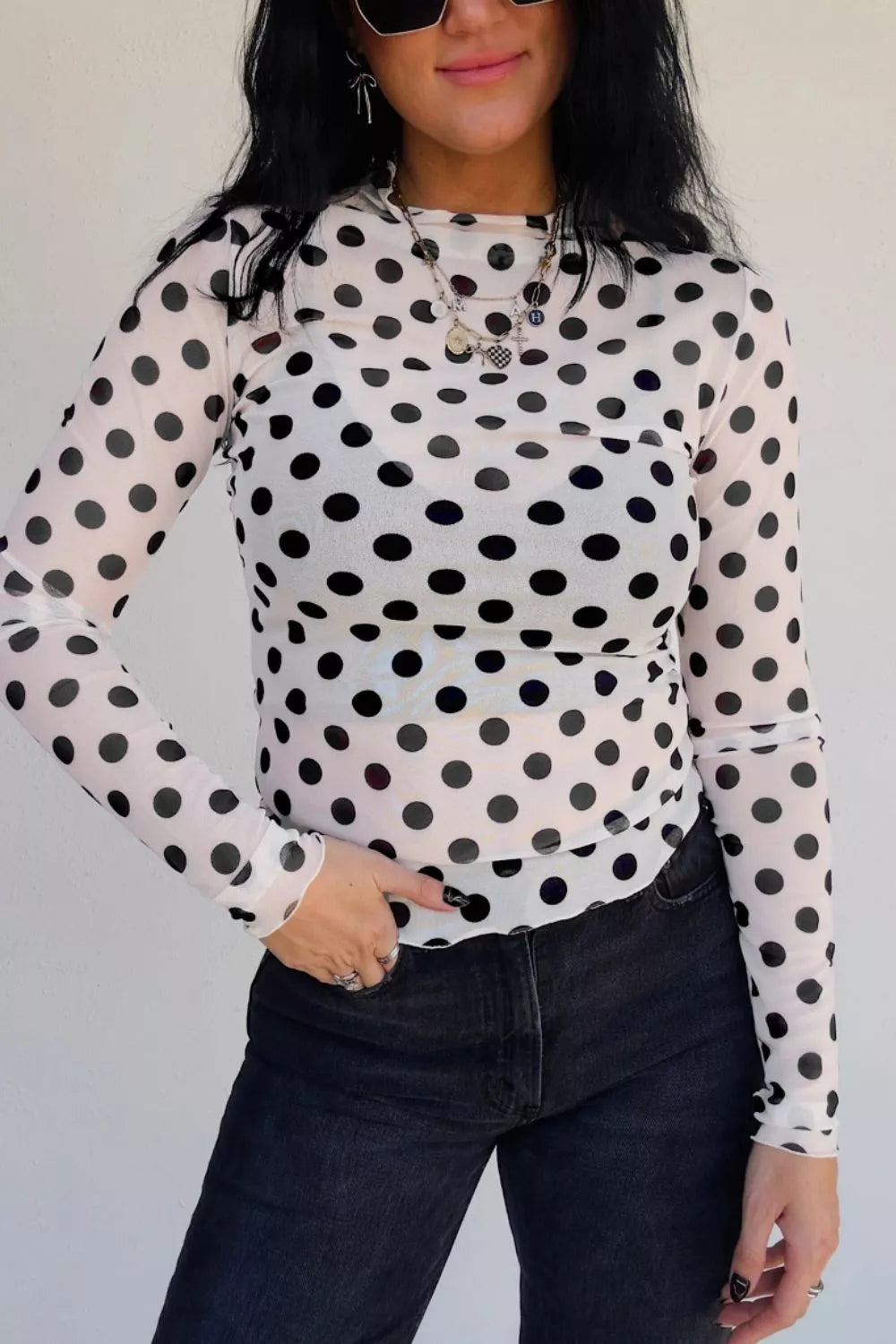 Polka Dot Mesh Stand Neck Top