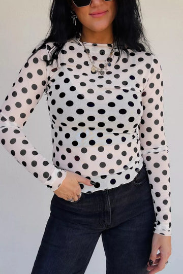 Polka Dot Mesh Stand Neck Top