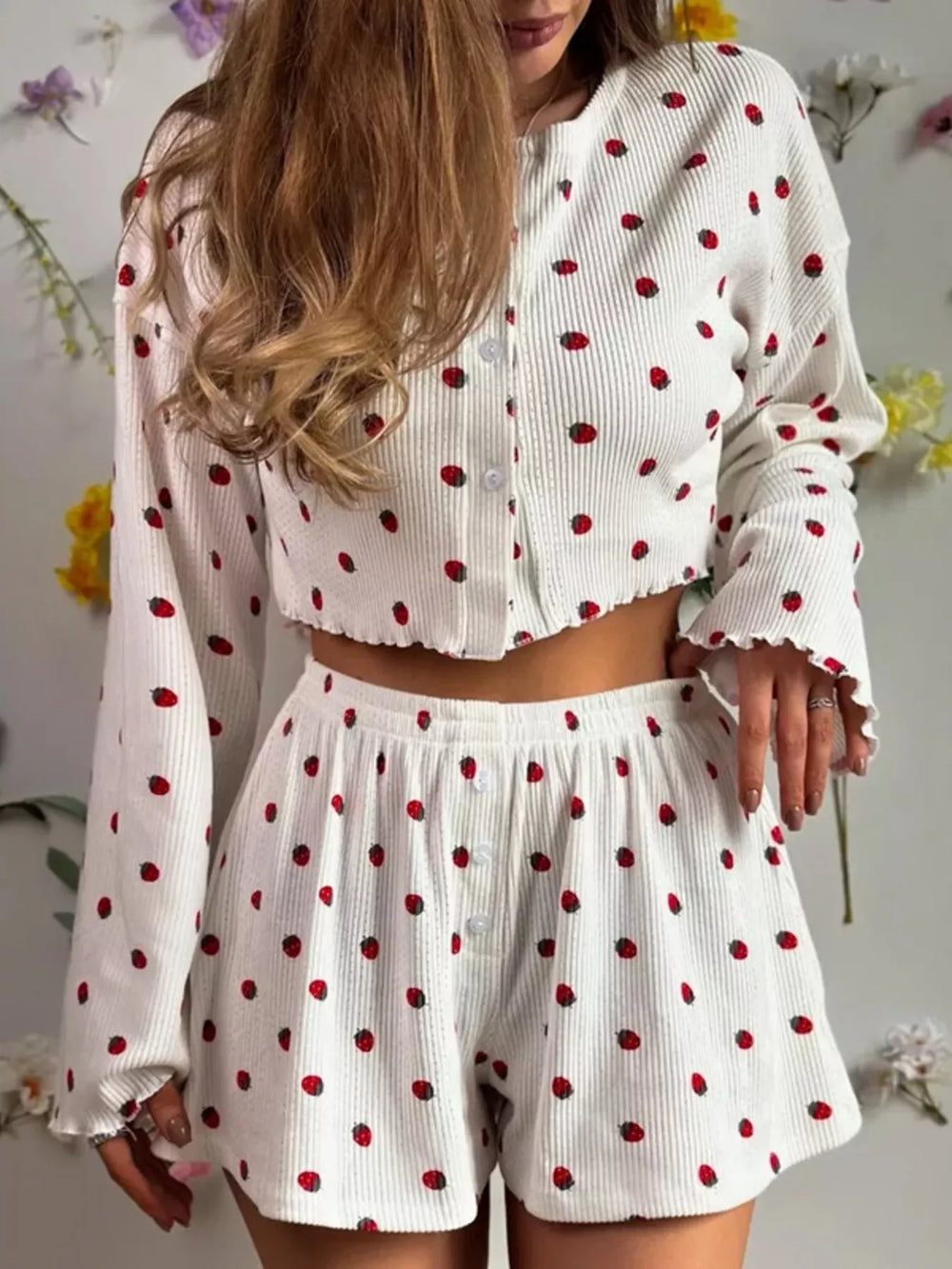 Strawberry Print Button Down Top and Shorts Lounge Set