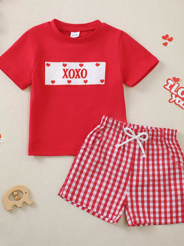 Children's XOXO Heart Print T-shirt & Gingham Shorts Set
