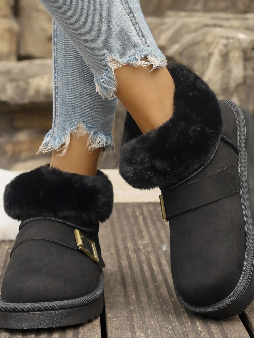 Fur Lined Buckle Winter Ankle Boots