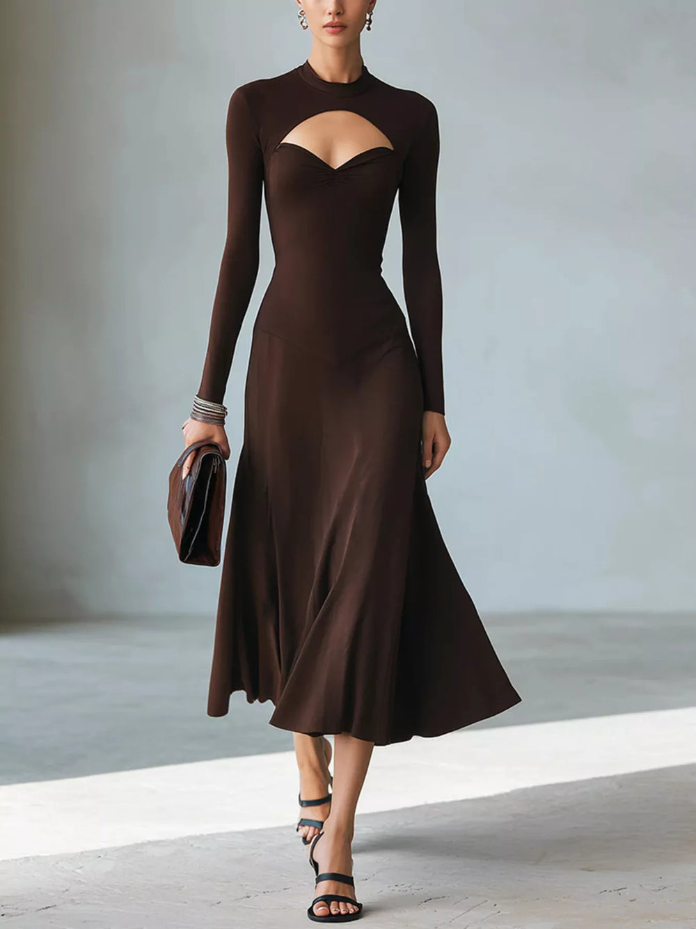 Full Size Mock Neck Cut-Out Long Sleeve Midi Dress Plus Size