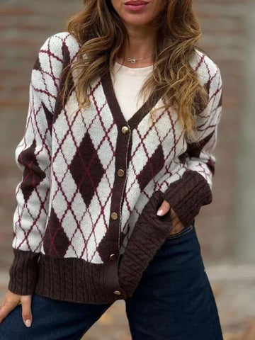 Full Size Argyle Pattern V-Neck Button-Down Knit Cardigan Plus Size