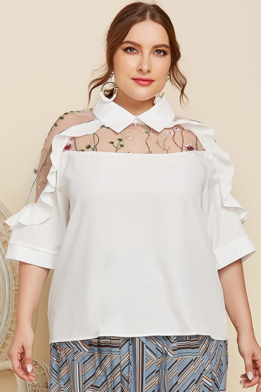 Plus Size Embroidered Ruffle Trim Collared Half Sleeve Blouse selected from Blouse Bloom for Blouse Bloom: Soft Structure for Every Kind of Day