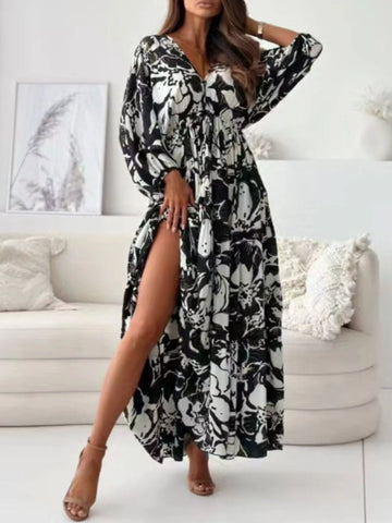 Printed V-Neck Balloon Sleeve Slit Maxi Dress
