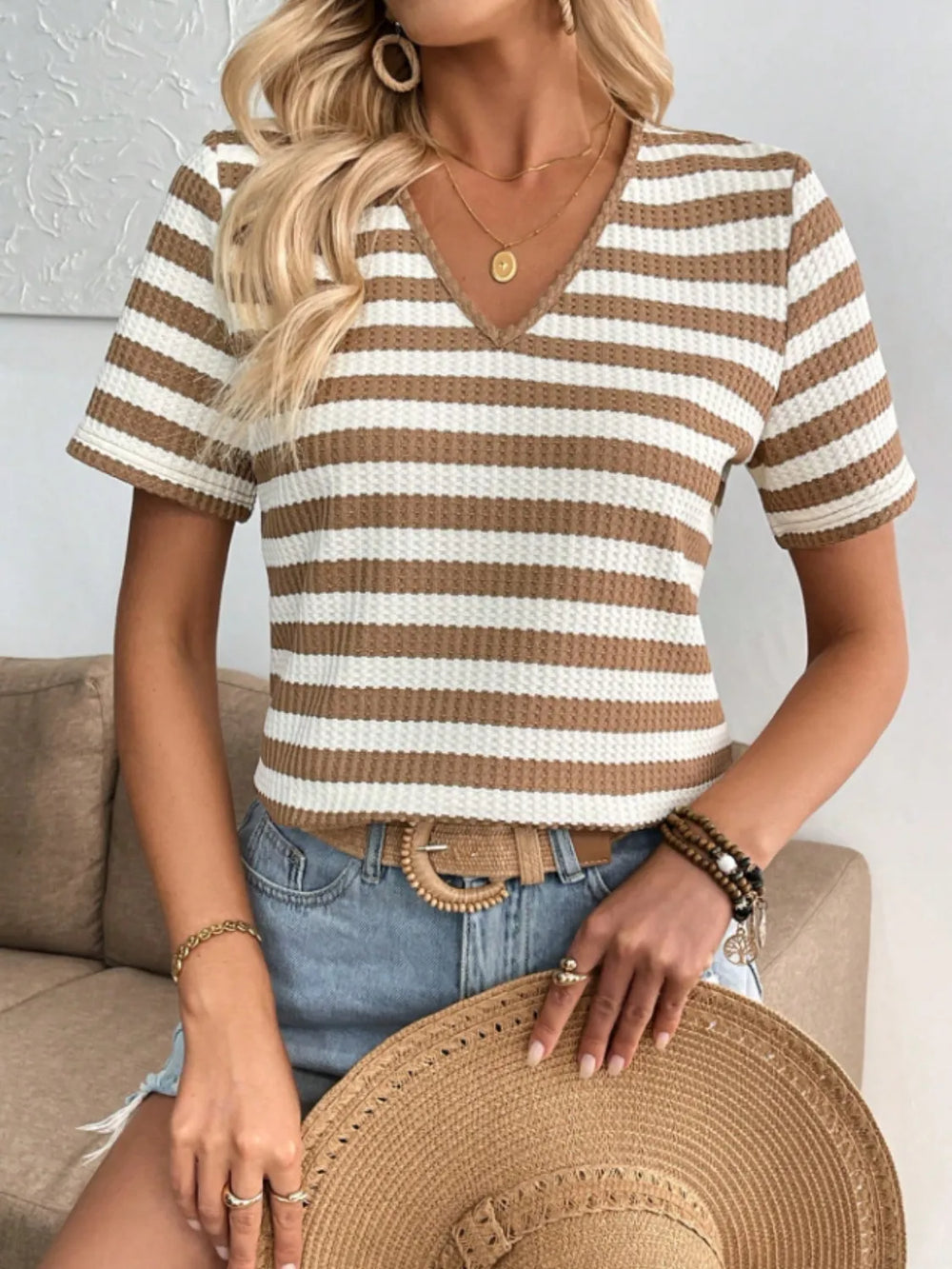 Striped V Neck Short Sleeve T-Shirt