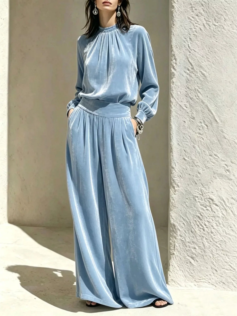 Velvet Mock Neck Long Sleeve Top and Wide-Leg Pants Set