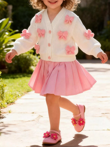 Children's Bow Button Up Cardigan and Pleated Skirt Set