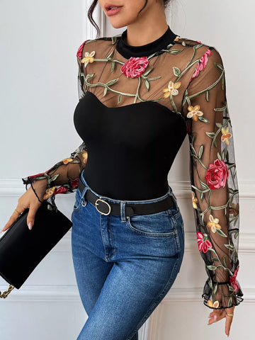 Floral Embroidered Mesh Bodysuit