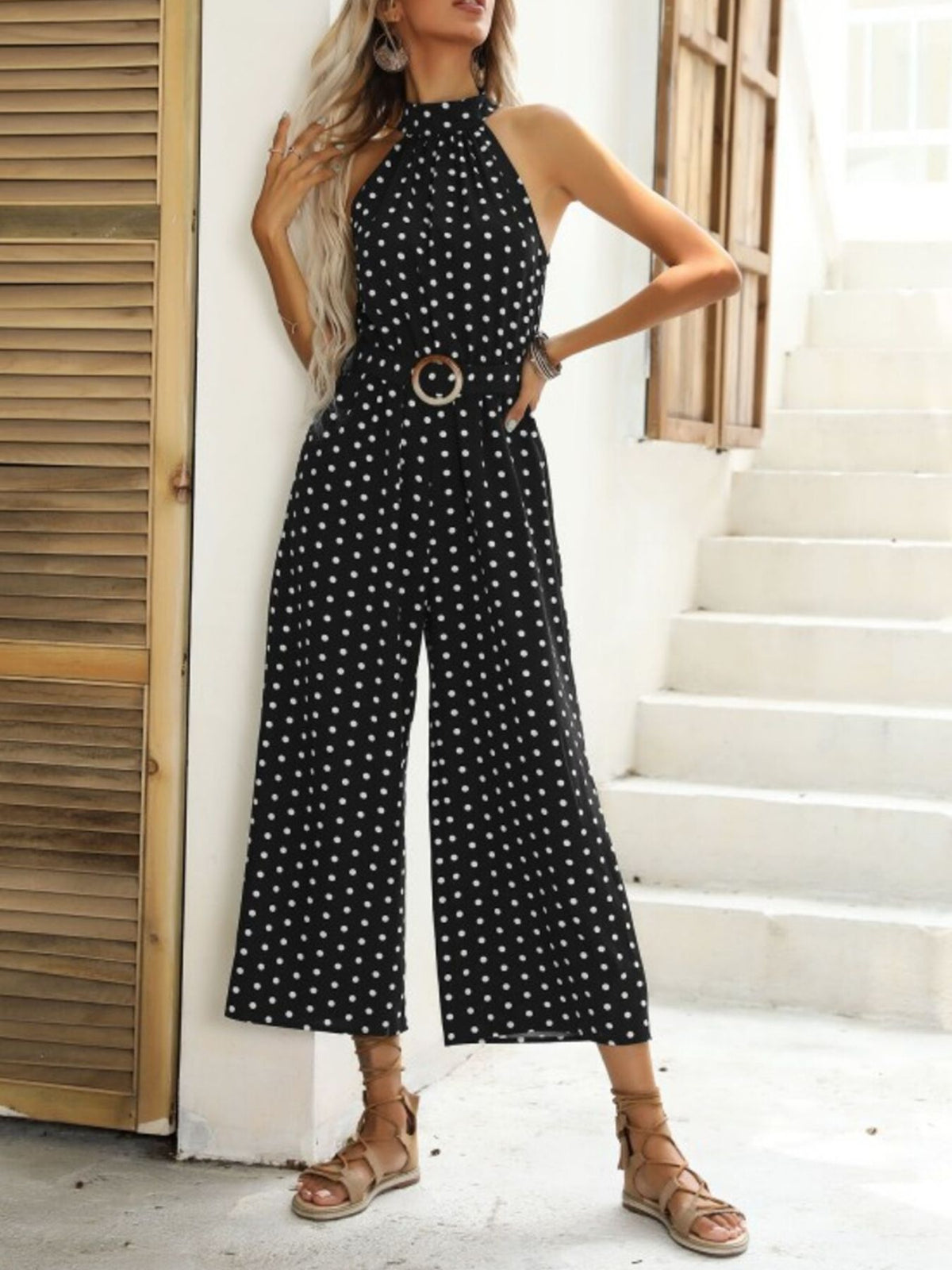 Polka Dot Halter Neck Wide Leg Jumpsuit