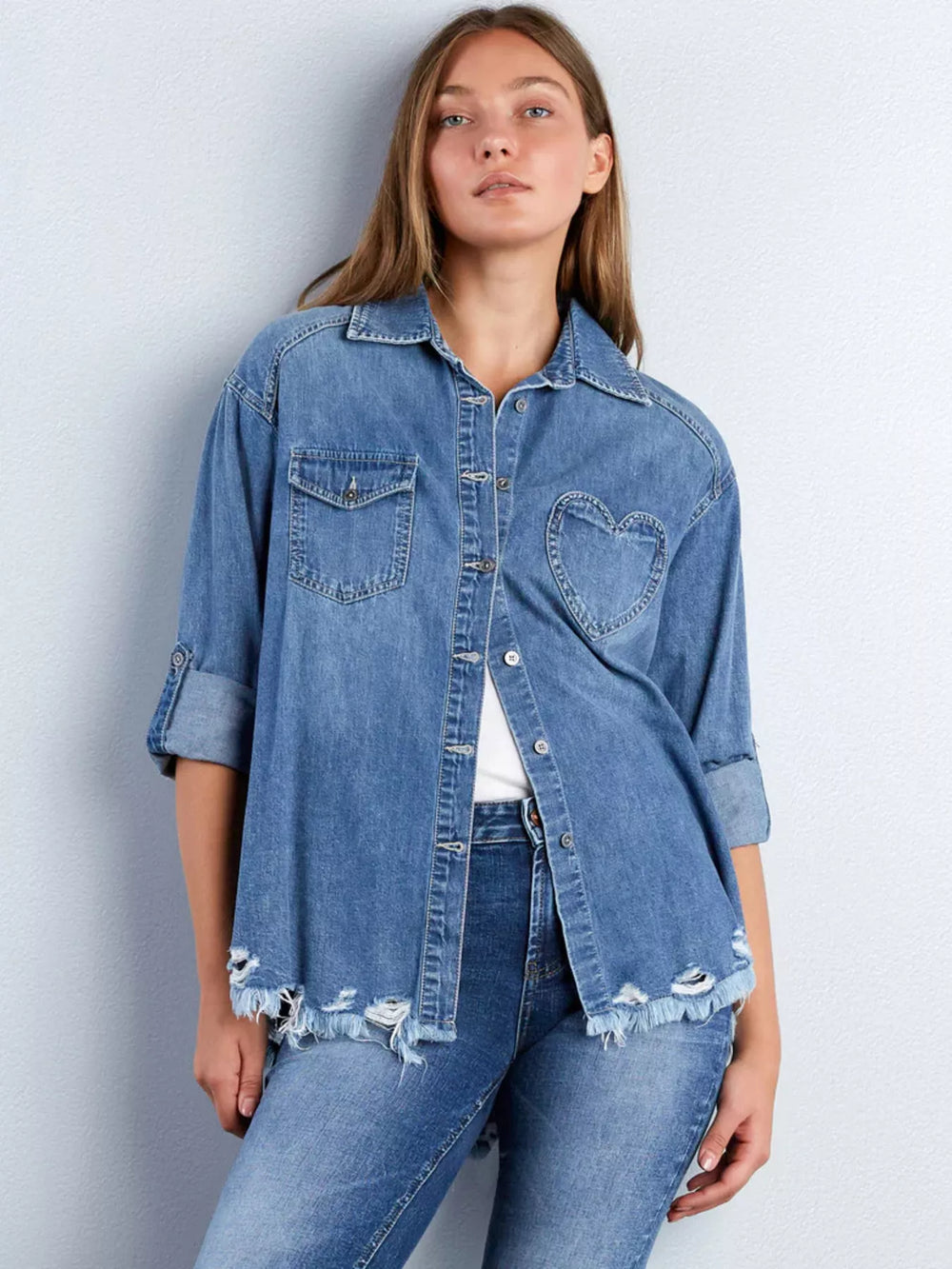 Frayed Hem Roll-Up Sleeve Denim Shirt
