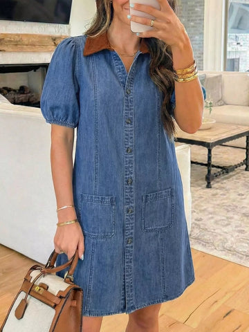Button Down Short Sleeve Denim Dress