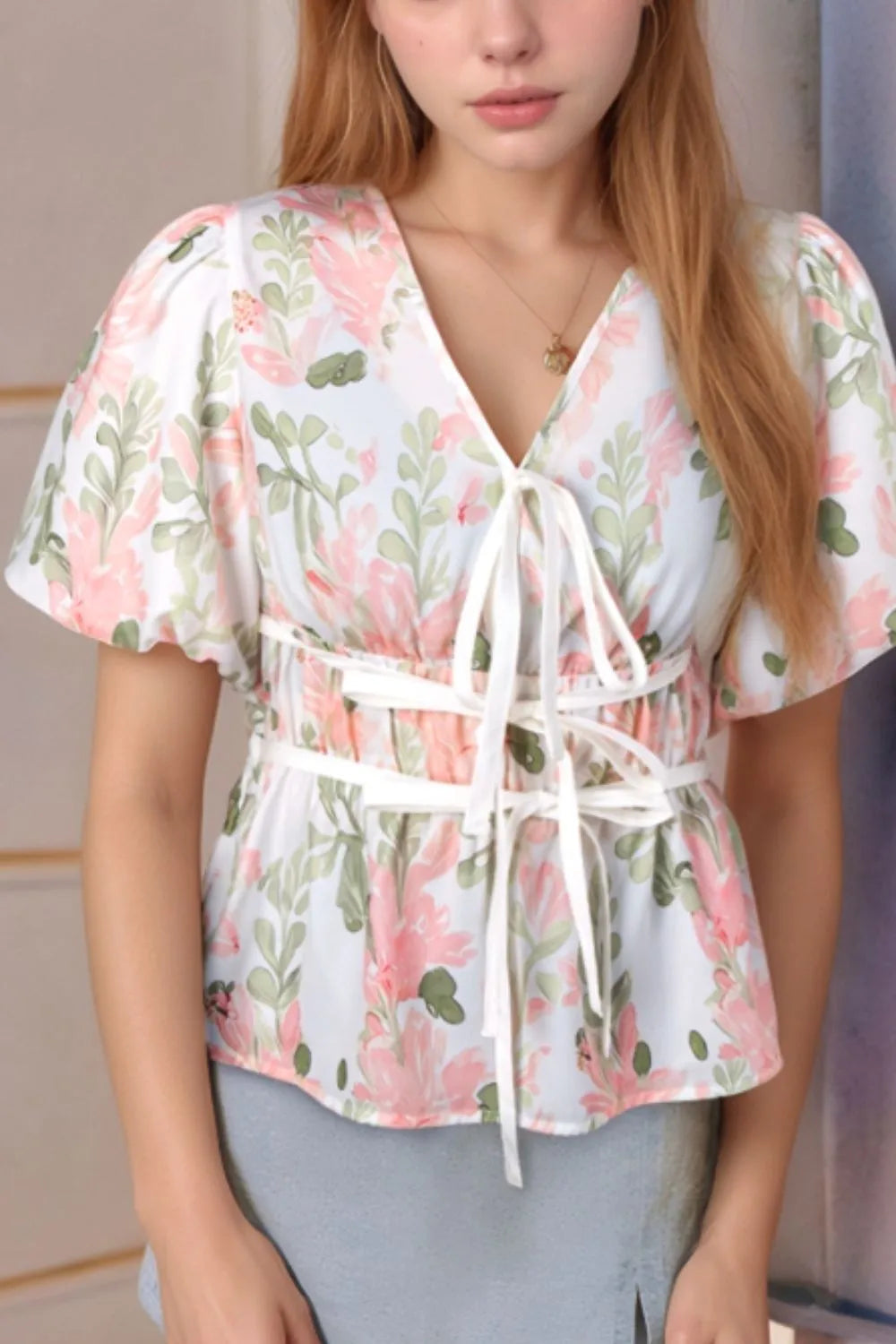 Tied Printed Short-Sleeve Blouse