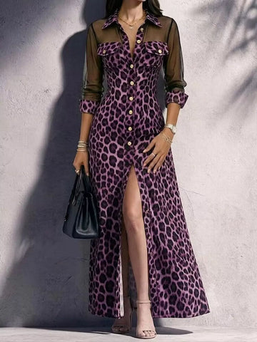 Full Size Leopard Sheer Mesh Long Sleeve Button-Down Maxi Dress Plus Size