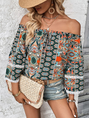 Perfee Printed Frill Trim Off Shoulder Blouse
