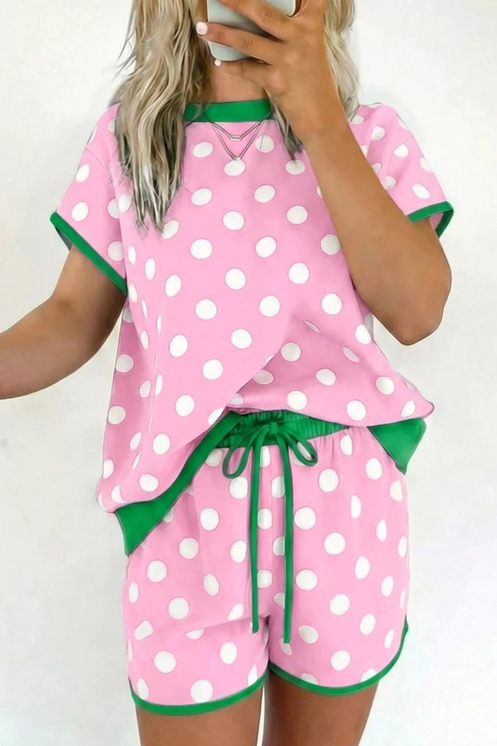 Polka Dot Contrast Trim Top and Drawstring Shorts Set