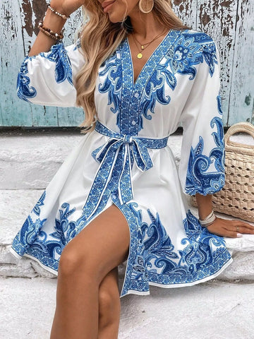Paisley Print V Neck Belted Mini Dress
