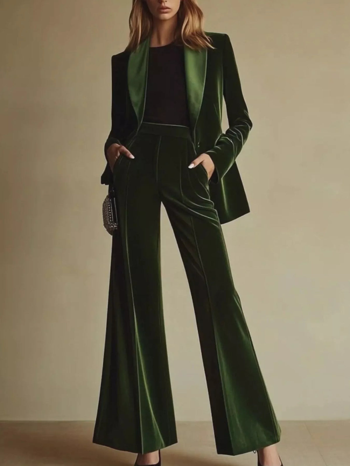 Velvet Blazer and Wide-Leg Pants Set