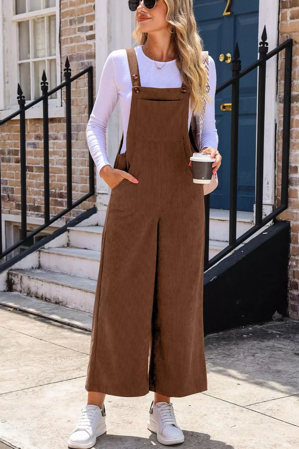 Corduroy Wide-Leg Overalls with Pockets