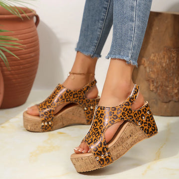 Leopard Peep Toe Wedge Sandals