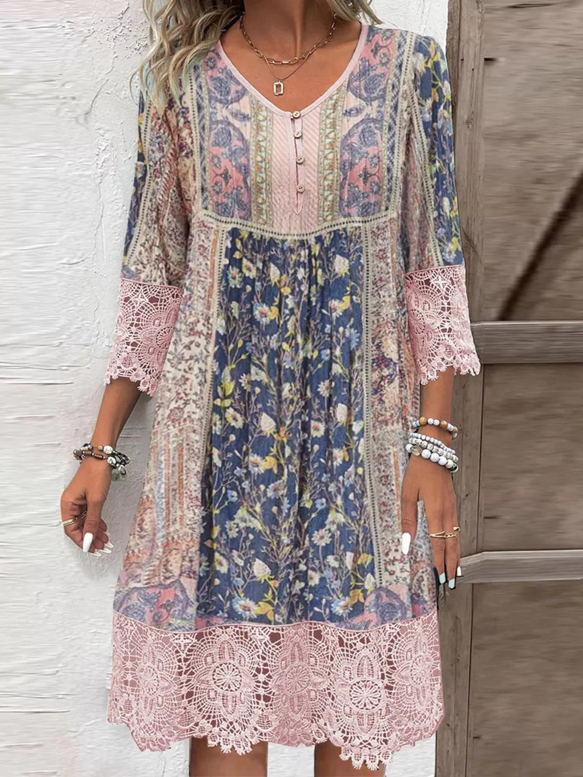 Full Size Floral Lace Trim V-Neck Dress Plus Size