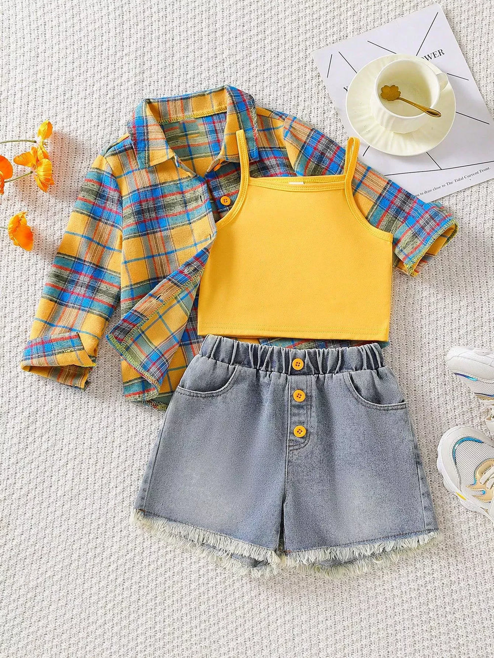 Children's Plaid Shirt & Tank Top & Denim Shorts Set