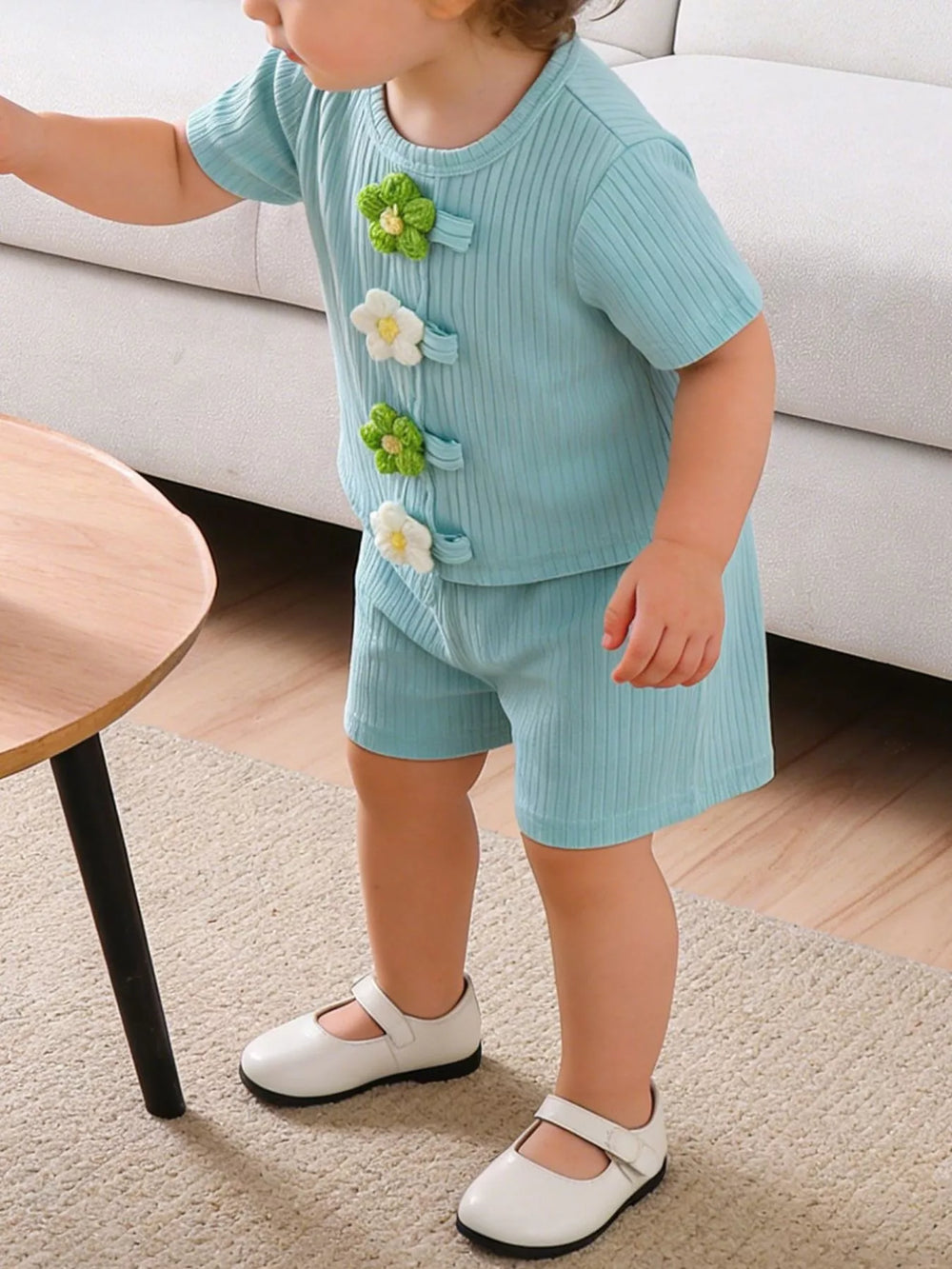 Children's Ribbed Knit Flower Top and Shorts Set
