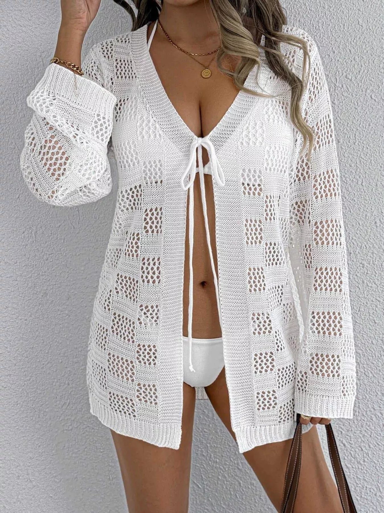 Crochet Knit Tie Front Cover-Up selected from Coastal Cover-Ups for Beyond the Waterline: The Coastal Cover-Up Edit