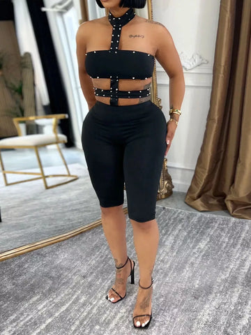 Studded Halter Cut-Out Romper