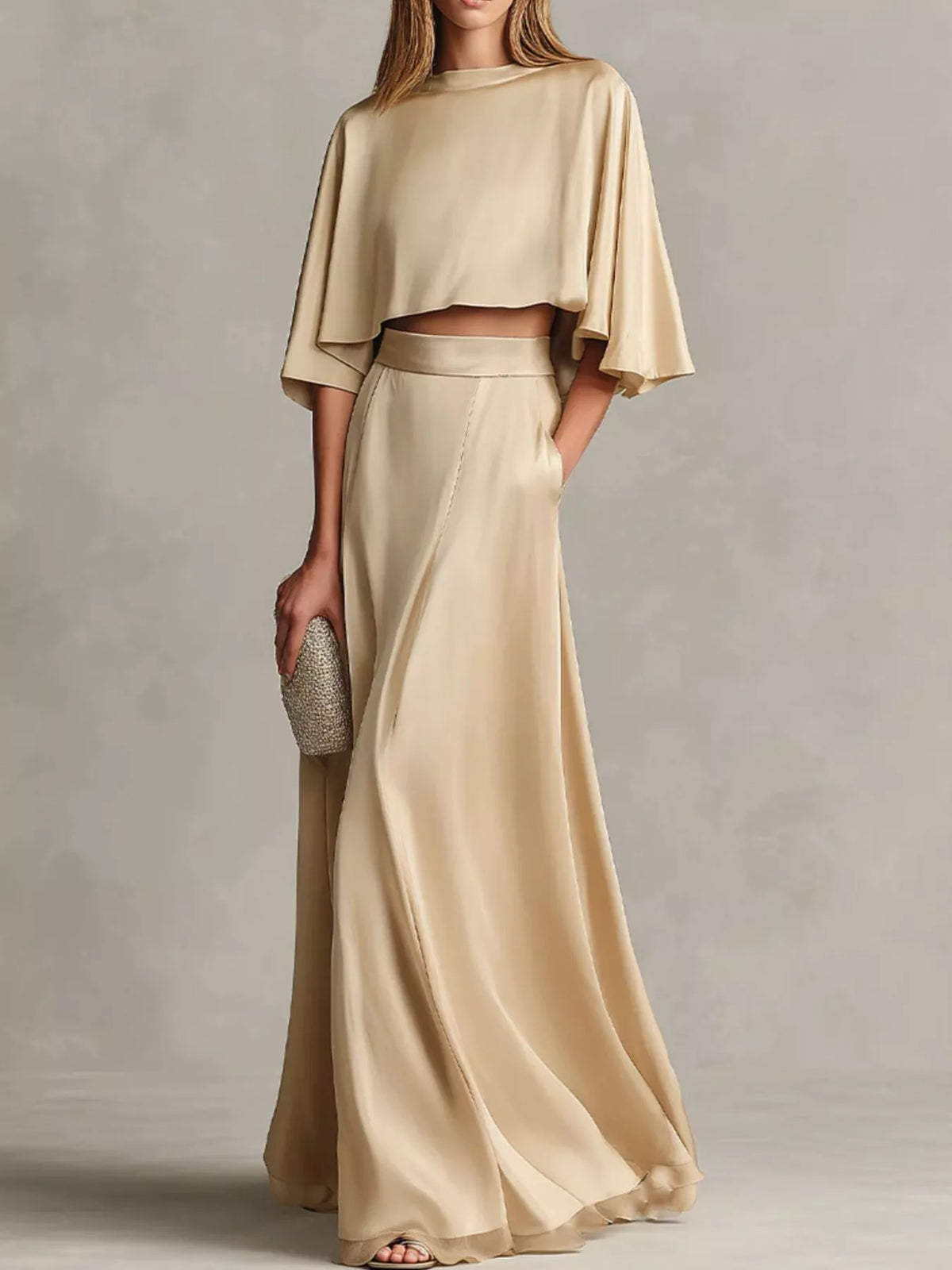 Full Size Satin Crop Top and Maxi Skirt Two-Piece Set Plus Size