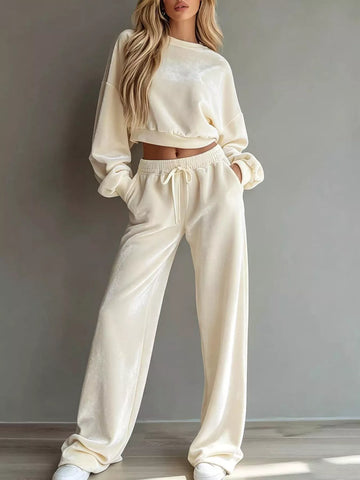 Full Size Cropped Sweatshirt and Wide-Leg Pants Set Plus Size