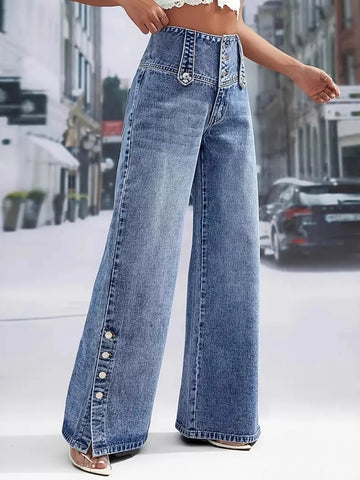 High Waist Button Decor Wide Leg Jeans