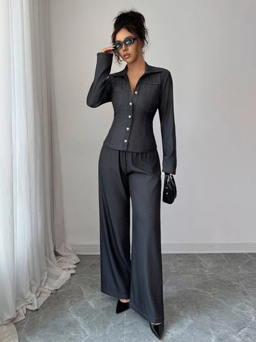Button-Up Shirt & Wide Leg Pants Set