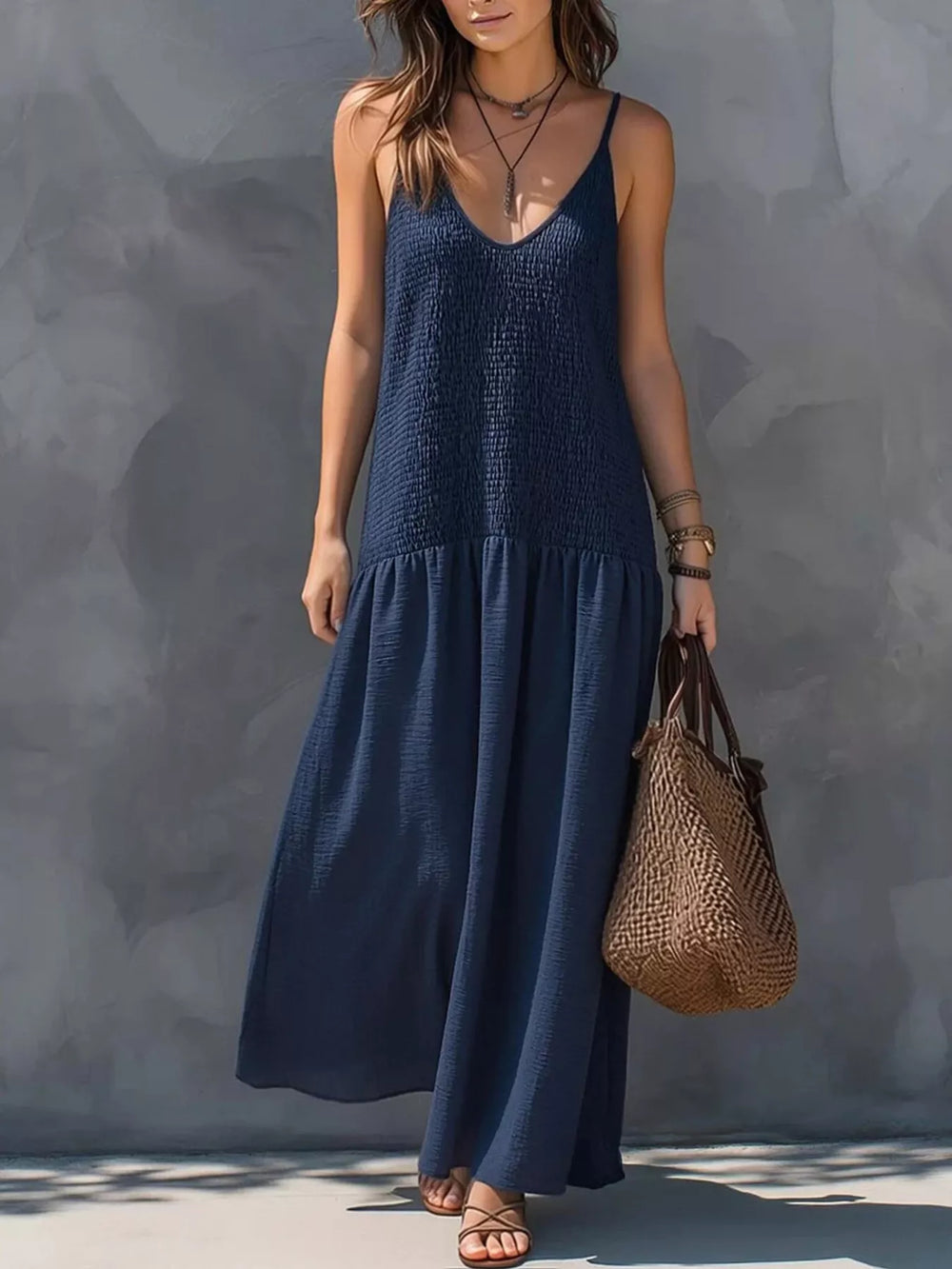 Sleeveless Smocked V-Neck Casual Maxi Dress