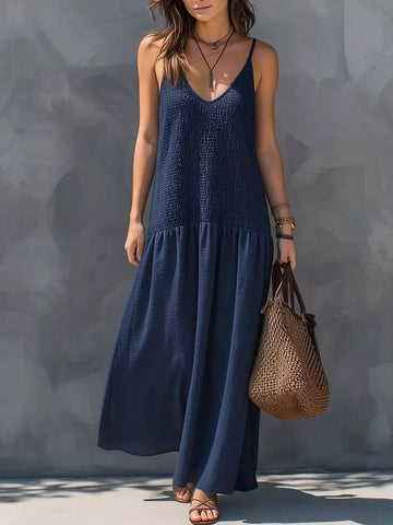 Sleeveless Smocked V-Neck Casual Maxi Dress
