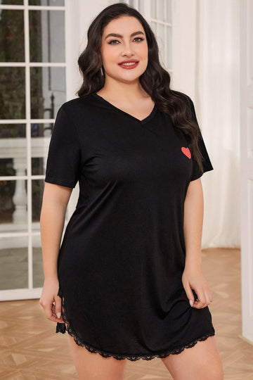 Plus Size Lace Trim V Neck Short Sleeve Night Dress