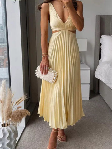 Elegant Pleated Midi Dress with Cut-out Details